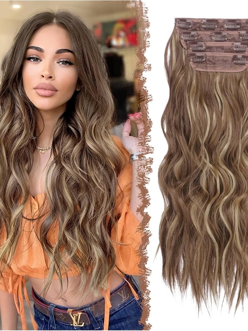 FESHFEN Clip in Hair Extensions 4 PCS Light Brown with Highlights 20”